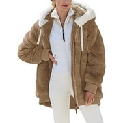 Viikei Plus Size Womens Coats Clearance for Winter Coats for Women Cardigan Jacket Coat Hooded Plush Loose Long Sleeve Tops With Zipper